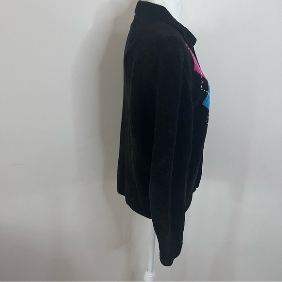 Alfred Dunner Black Argyle Print Chenille Collared Zip Cardigan |Size MP| - Picture 4 of 6